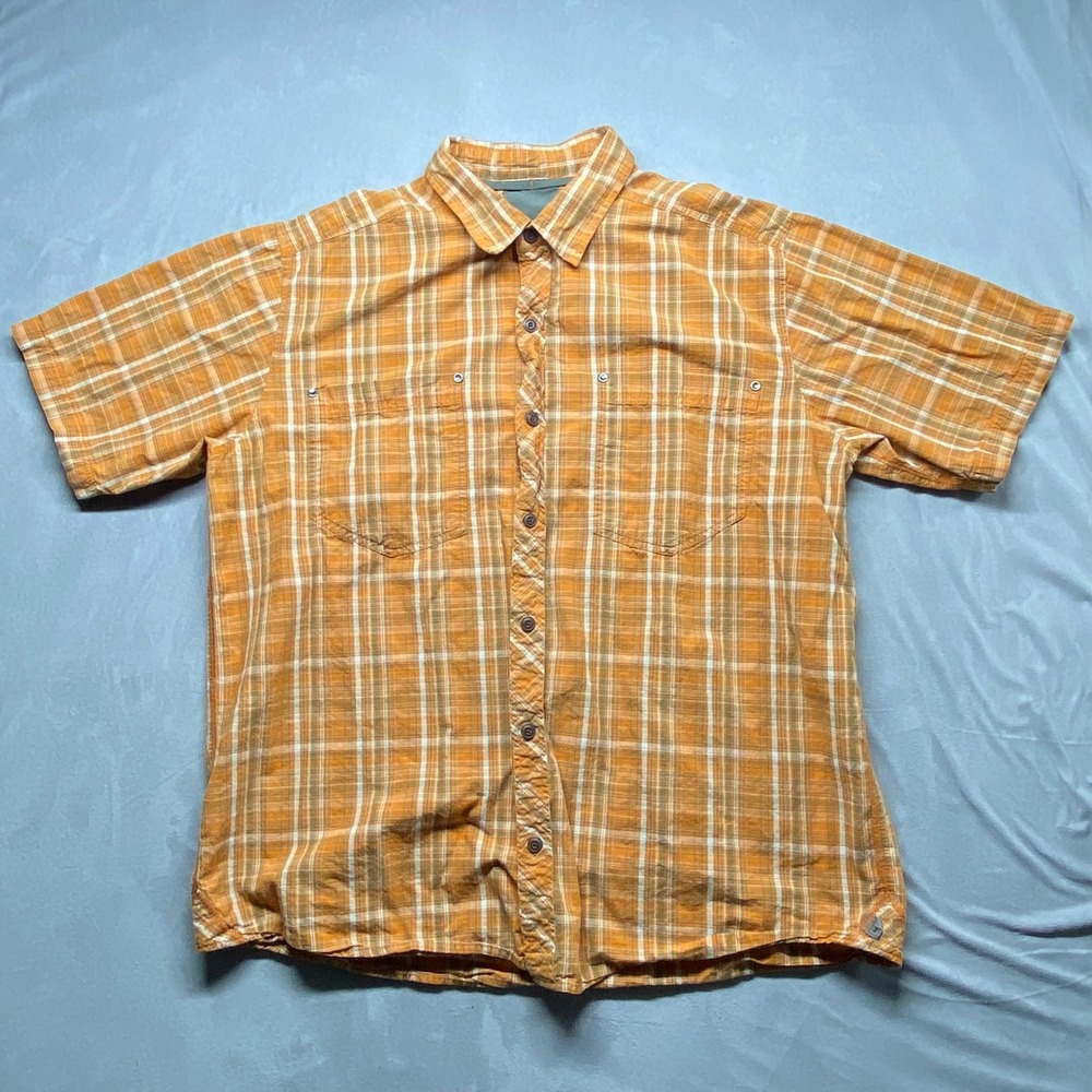 REI Mens XL Plaid Short Sleeve Button Up Shirt Casual Outdoor Work Beige Orange - Picture 5 of 14